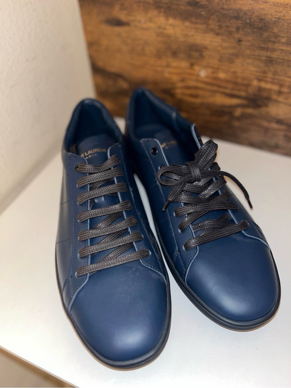 Saint Laurent Sl/01 Leather Low Trainer Sneakers Slim Navy Blue sz 46 - Picture 1 of 5